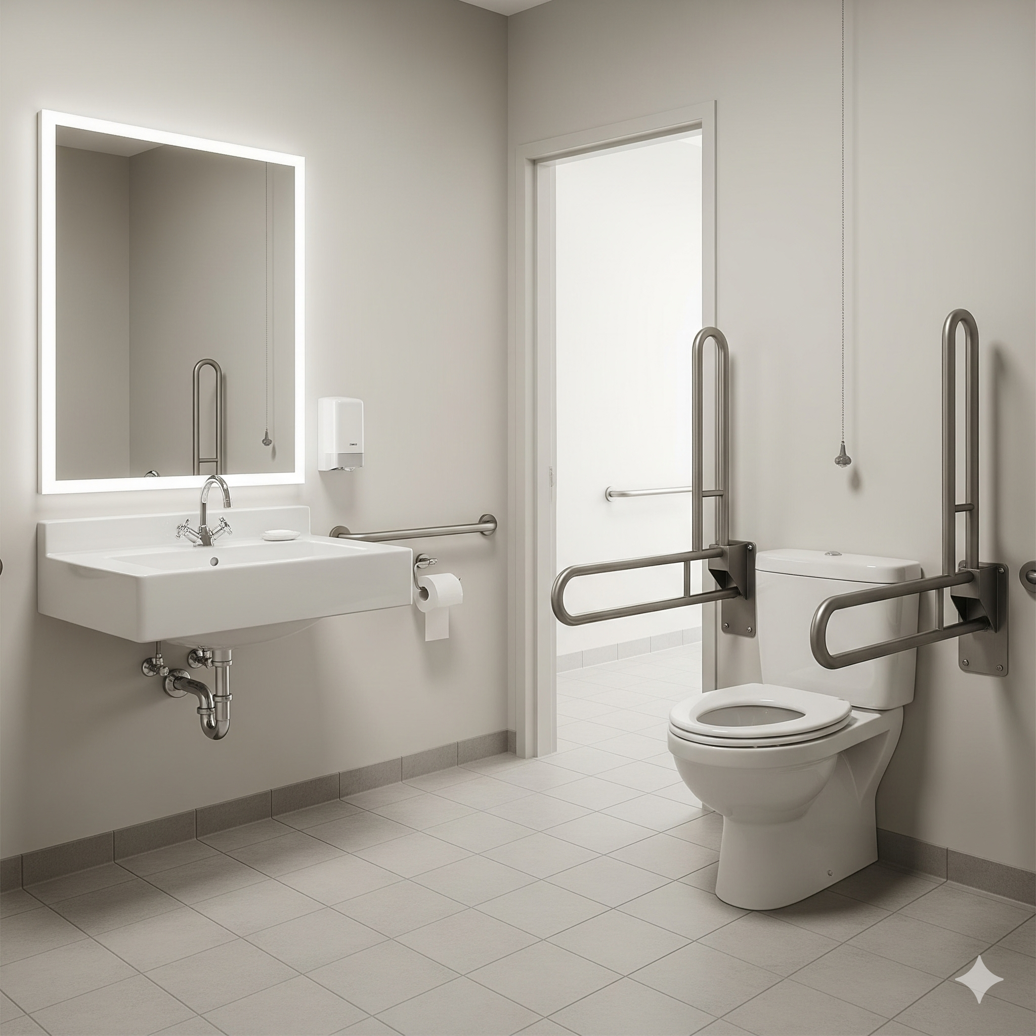 Interior toilet disabilitas, wastafel ramah disabilitas, fasilitas toilet di SoMa